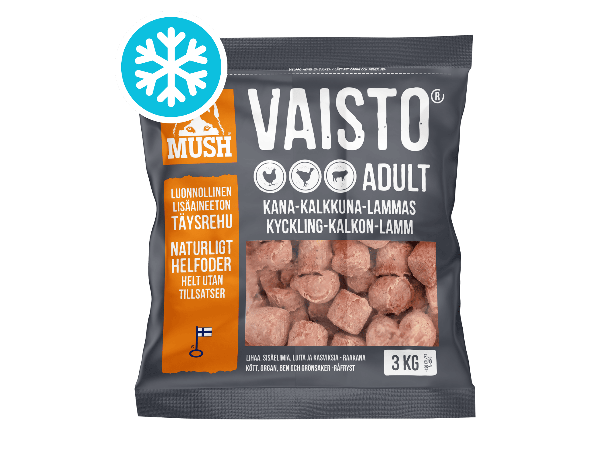 Mush Vaisto Grå fryst råfôr av kylling, kalkun og lam 3 kg