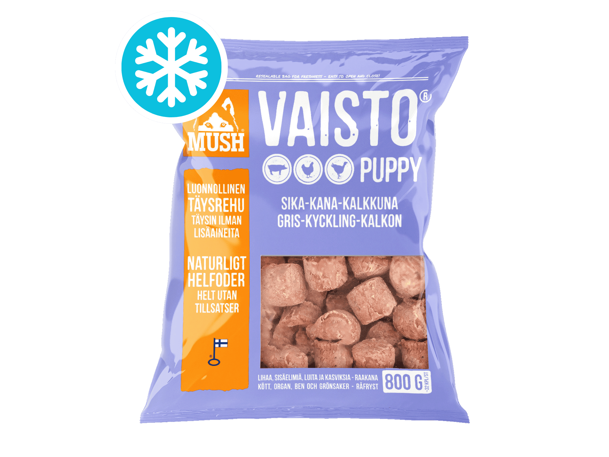 Mush Vaisto Lyselilla Puppy fryst råfôr av svin, kylling og kalkun til valp 800 g
