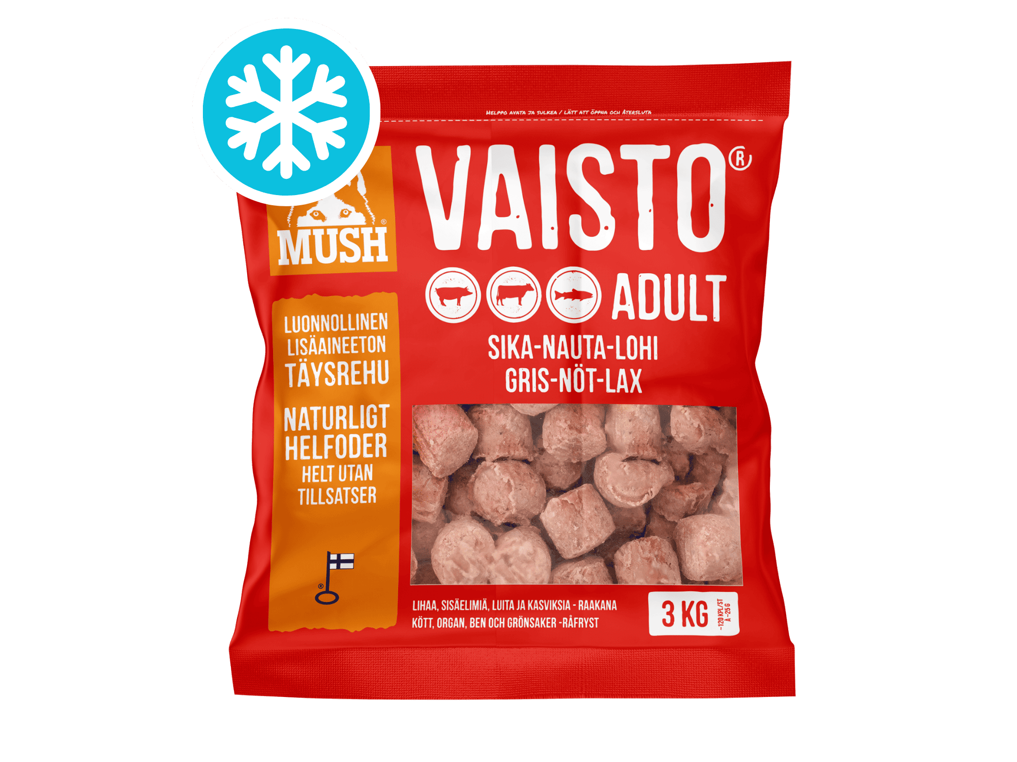 Mush Vaisto Rød fryst råfôr av svin, storfe og laks 3 kg
