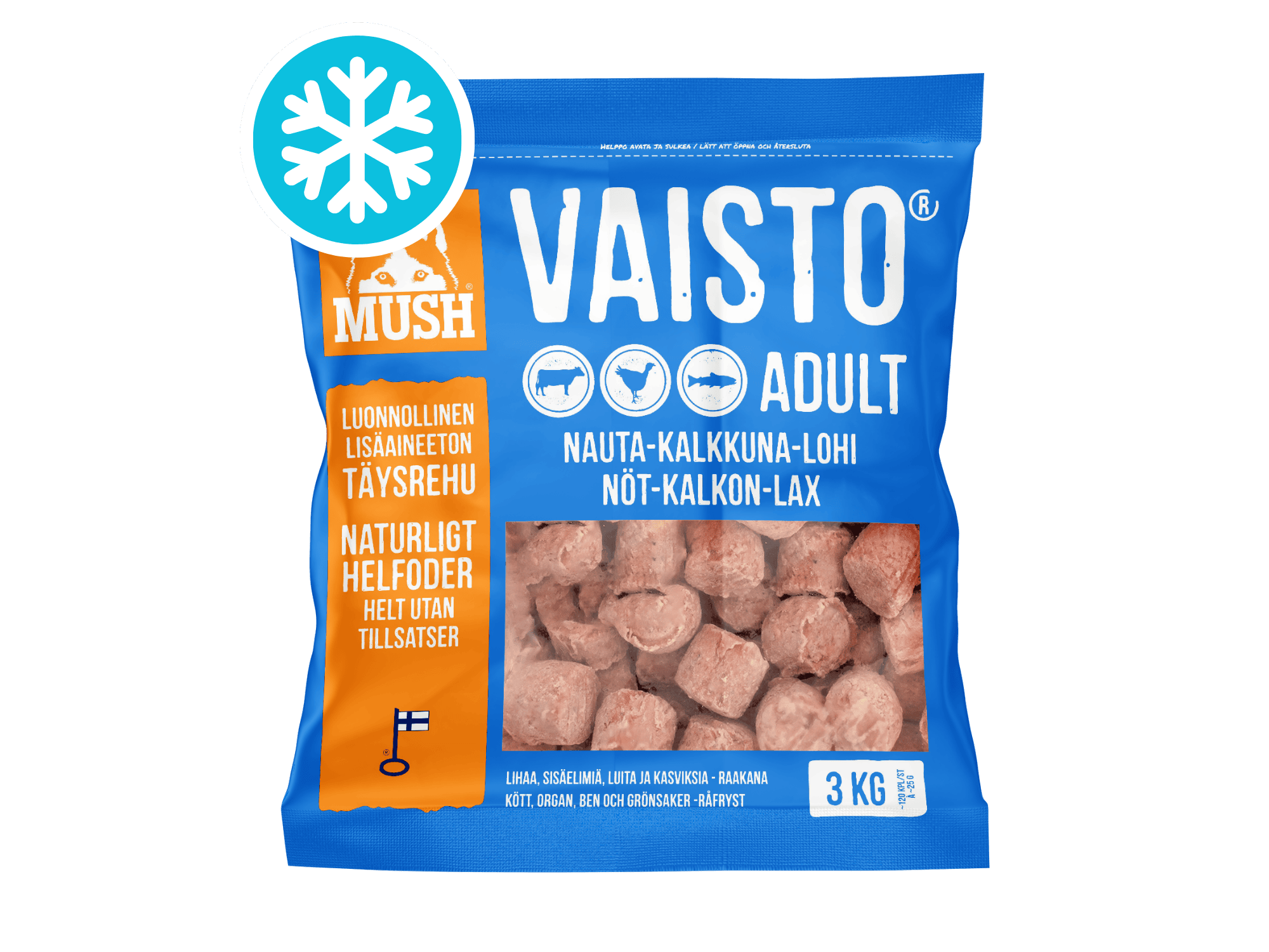 Mush Vaisto Blå fryst råfôr av storfe, kalkun og laks