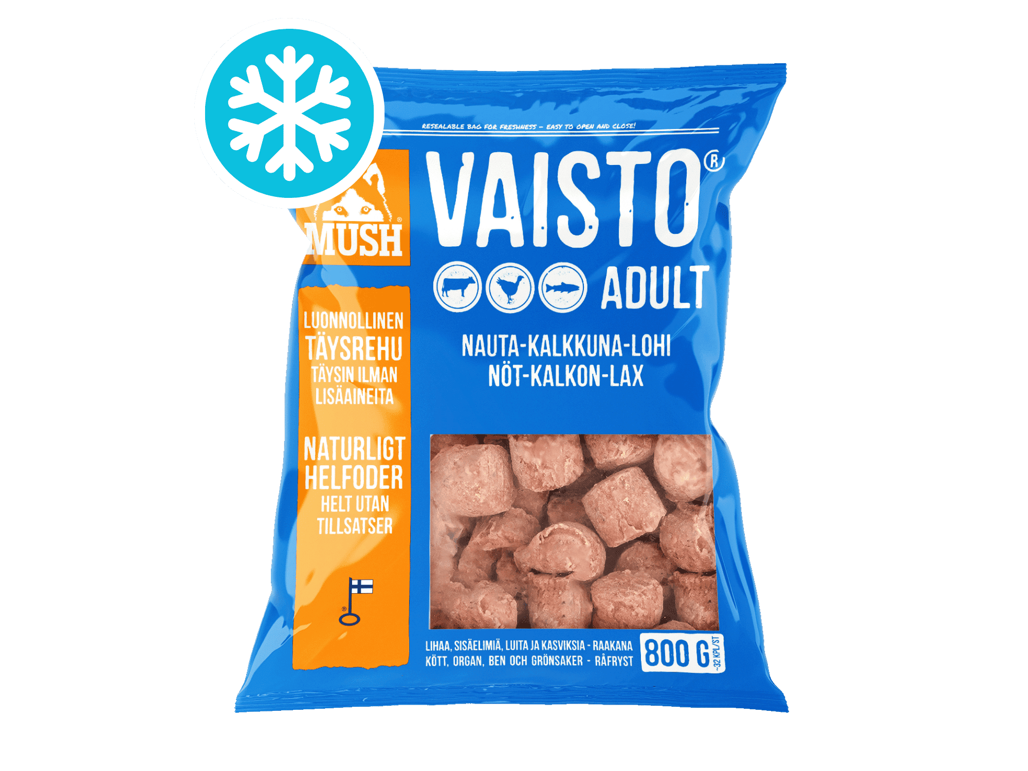 Mush Vaisto Blå fryst råfôr av storfe, kalkun og laks