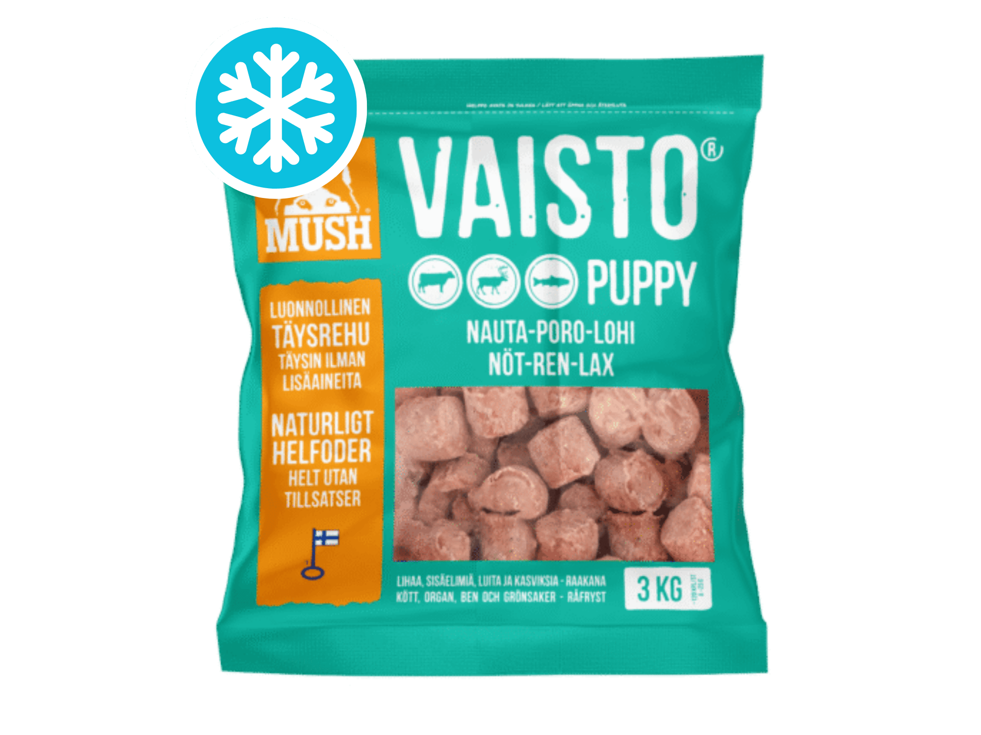 Mush Vaisto Isblå Puppy fryst råfôr av storfe, reinsdyr og laks til valp