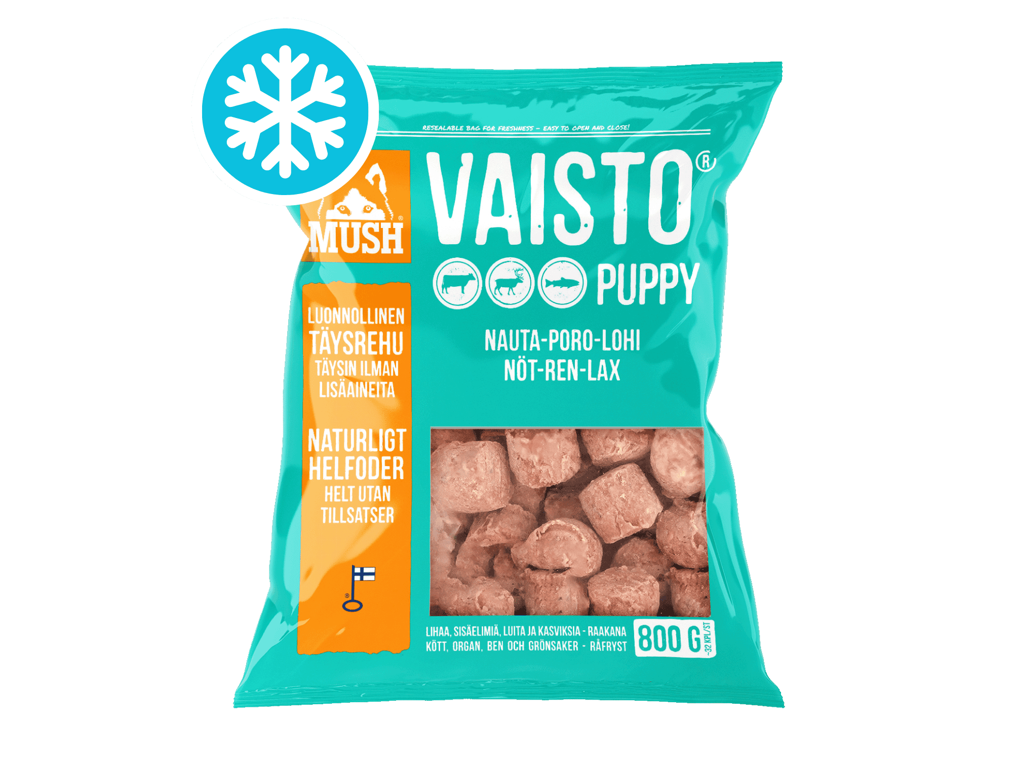 Mush Vaisto Isblå Puppy fryst råfôr av storfe, reinsdyr og laks til valp