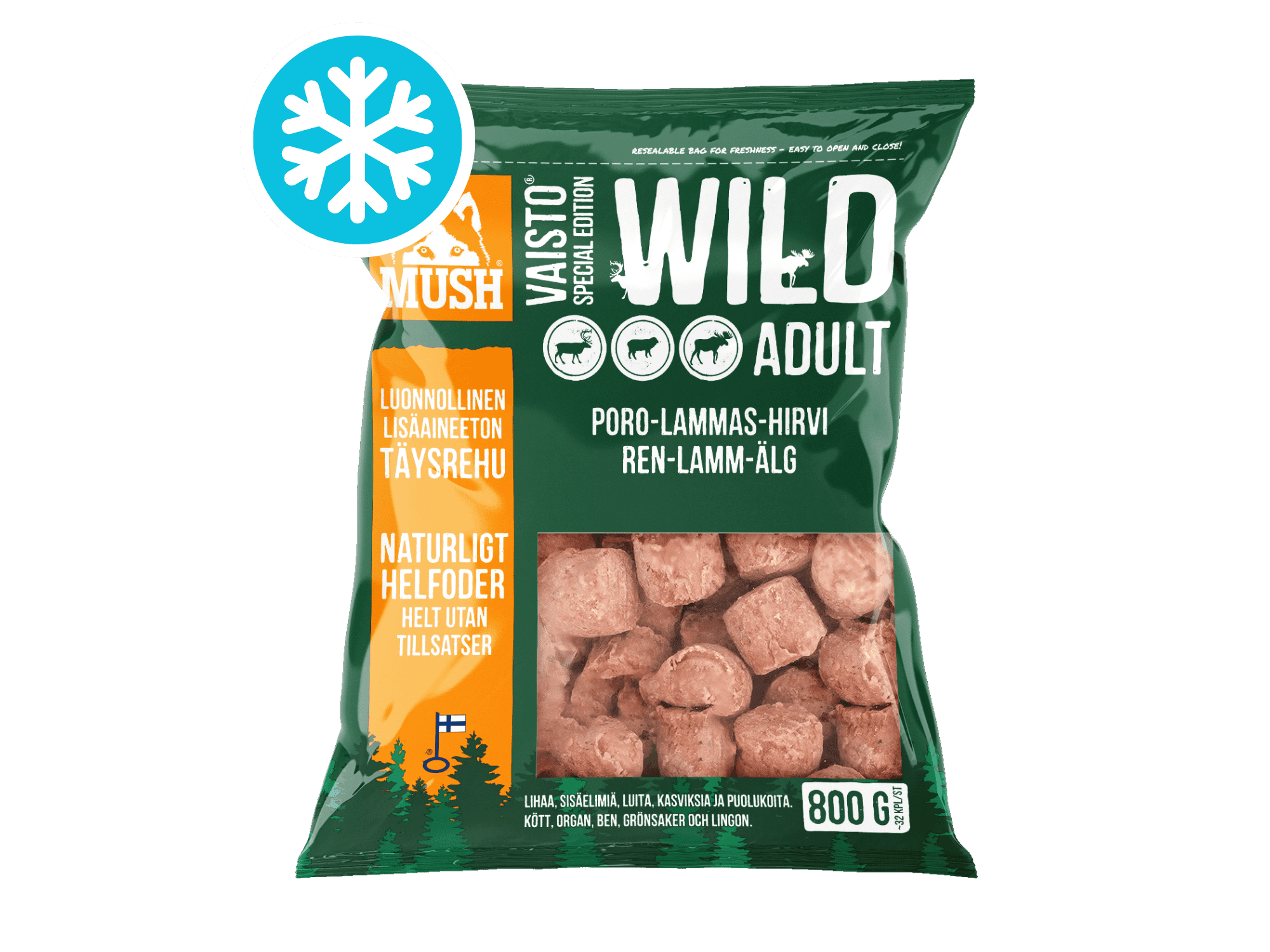 Mush Vaisto Wild fryst råfôr av reinsdyr, lam og elg