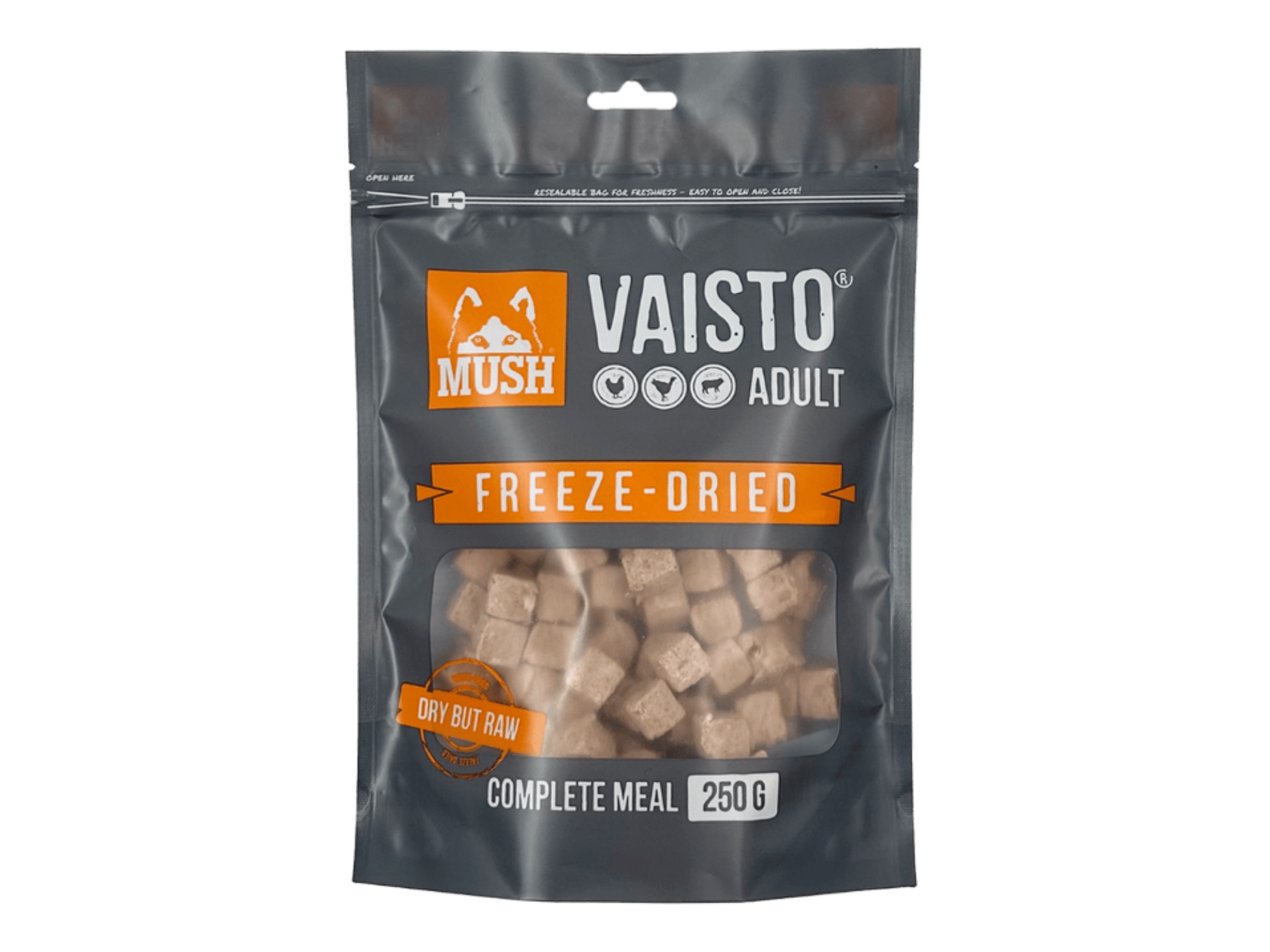 Mush Vaisto Grå frysetørket råfôr av kylling, kalkun og lam