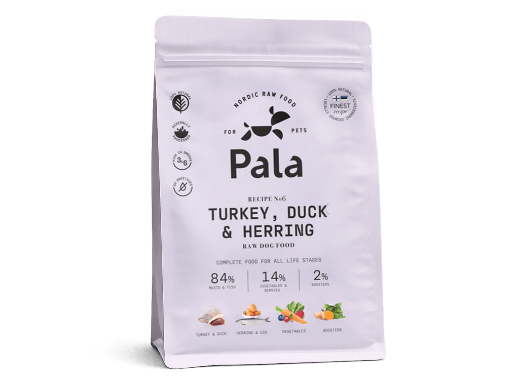 Pala Recipe 6 lufttørket råfôr av kalkun, and og norsk sild - Hundepappa