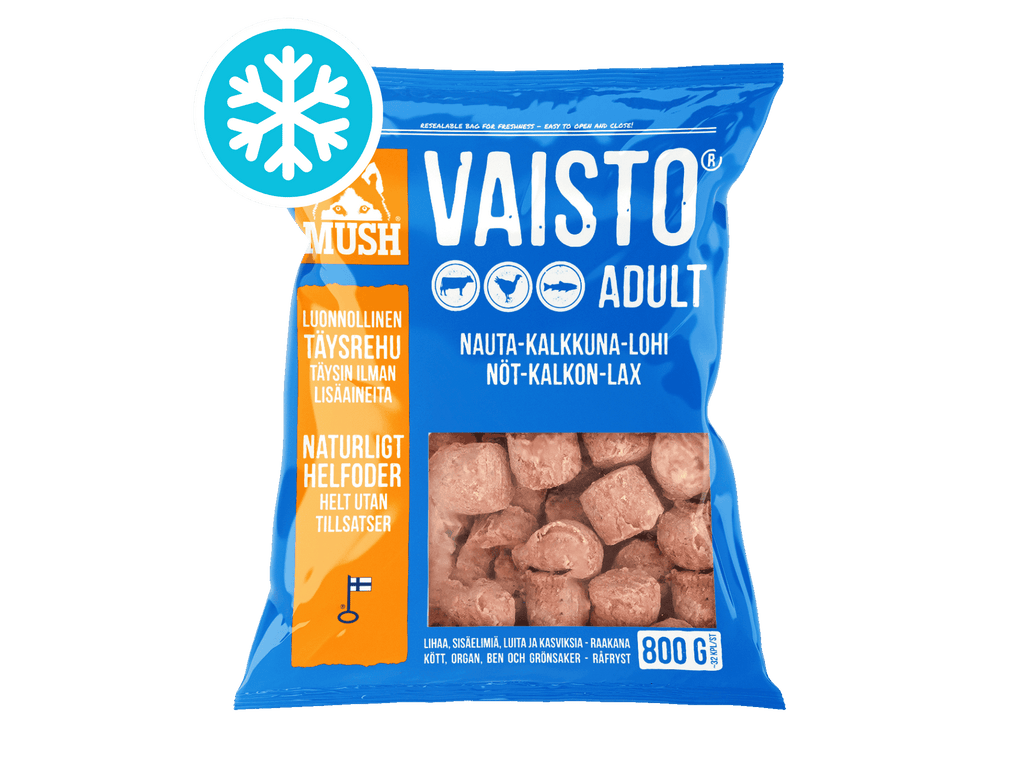 Mush Vaisto Blå fryst råfôr av storfe, kalkun og laks
