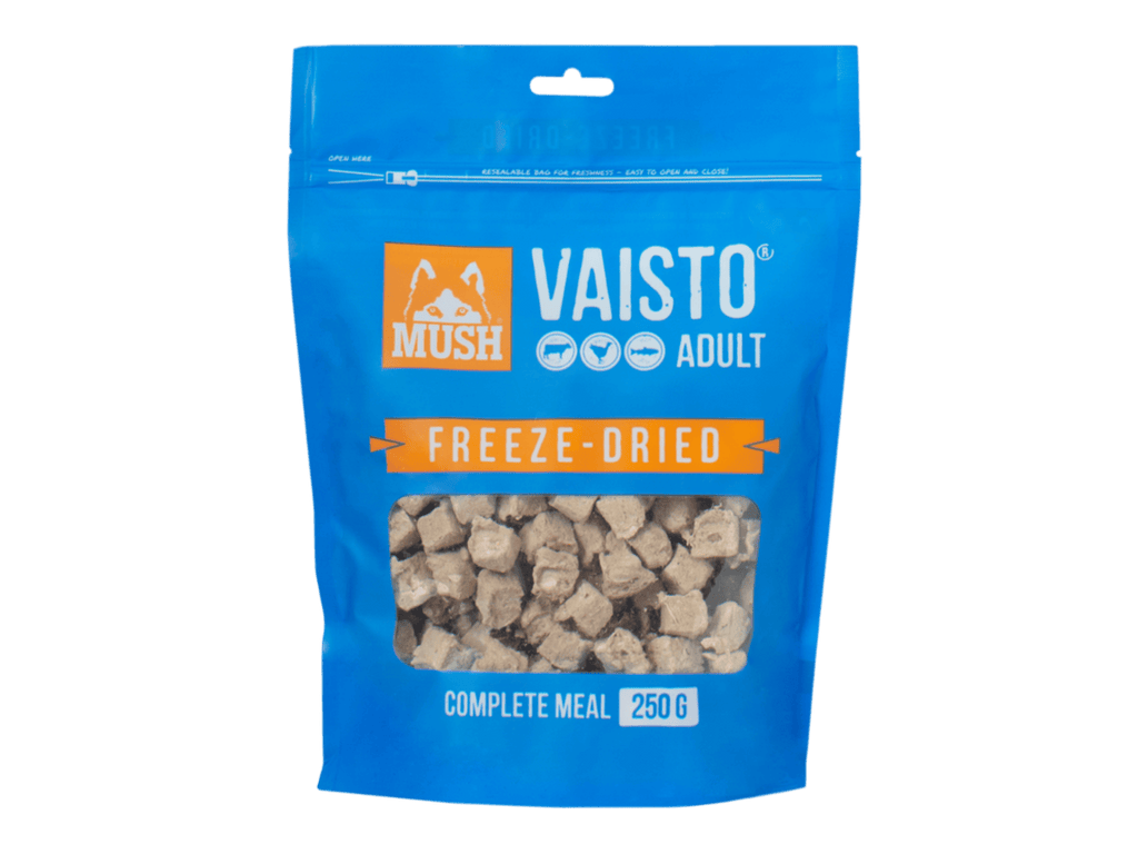 Mush Vaisto Blå frysetørket råfôr av storfe, kalkun og laks