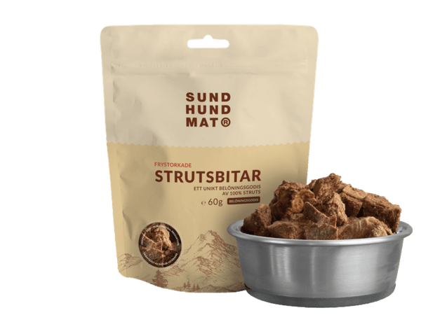 Sund Hundmat godbiter av frittgående struts 60 g - Hundepappa